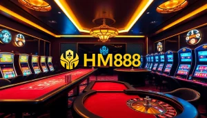 HM88 casino spinning roulette wheel and colorful slot machines in a luxurious online gaming atmosphere.