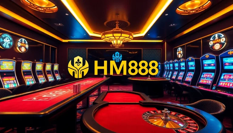 HM88 casino spinning roulette wheel and colorful slot machines in a luxurious online gaming atmosphere.