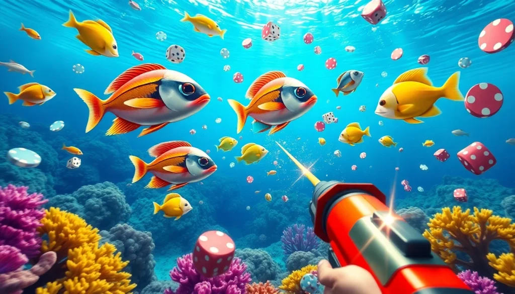 Bắn cá đổi thưởng 2025 game where players engage with colorful fish and casino elements, creating excitement and vibrant experiences.