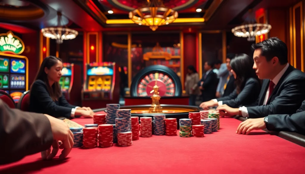 A vibrant casino scene highlighting strategic gameplay at giaimanhacai.news, featuring poker tables, roulette, and slot machines.