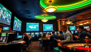 Bong da lu betting enthusiasts reviewing odds in an elegant casino setting with vibrant screens.