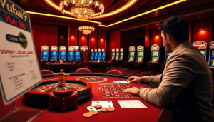Experience the excitement of Vuabai9 with vibrant casino elements including tables and cards.