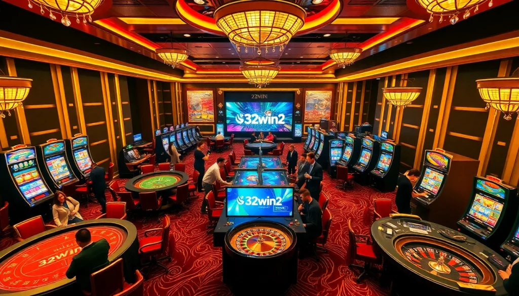 A dynamic view of players enjoying online gambling at 32win2, featuring vibrant casino tables and digital interfaces.