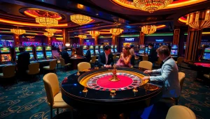 THABET casino scene showcasing players at roulette tables and slot machines