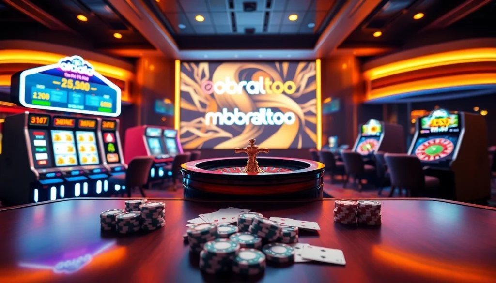 Experience the thrill of obraltoto gaming with vibrant slot machines and roulette in a luxurious casino setting.