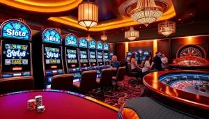 Excited players enjoying vibrant slots at a casino with the Slots8 Link highlighted.
