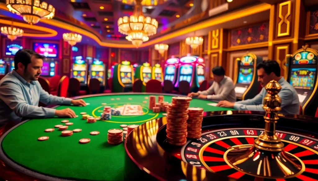 Engaging casino scene showcasing the excitement of gambling at bk8vn.io with players at a poker table.