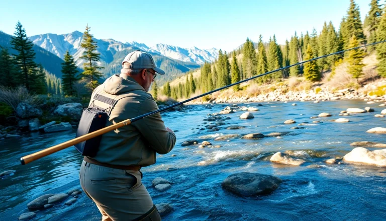 Catch the essence of the best fly fishing rods with an angler casting in a scenic mountain stream.