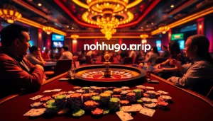 A vibrant casino scene showcasing poker and roulette gameplay at https://nohu900.gripe/, filled with colorful chips and cards.