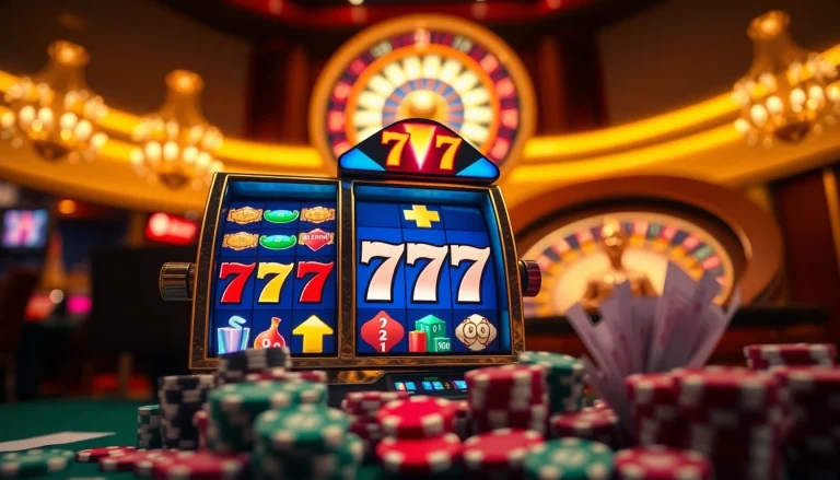 Playing the idn slot 777 with vibrant graphics and exciting jackpot symbols in a luxurious casino setting.