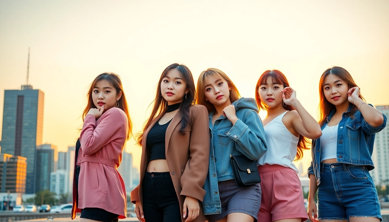Four confident blackpink members showcasing their unique styles with a vibrant city skyline in the background.