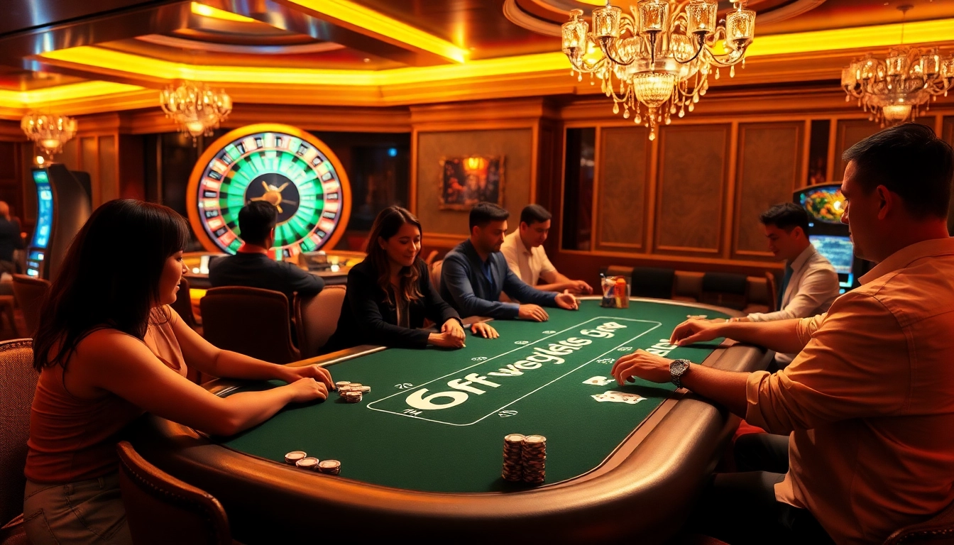 Exciting poker game at a luxury casino featuring 6FF poker chips and dynamic roulette wheel.