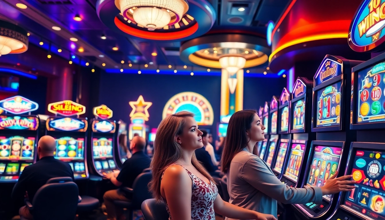 Players engaging with idn slot machines in a vibrant casino environment.