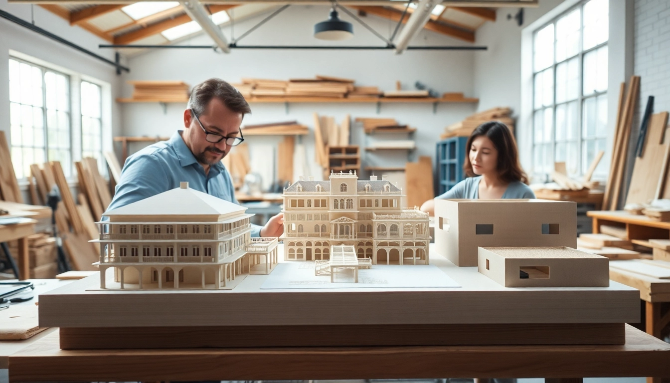 Architekturmodellbau Bielefeld mit präzisen Modellen und einem einladenden Werkstatt-Setting.
