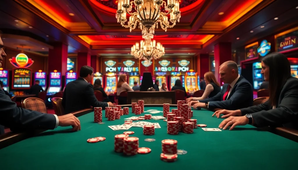 Players engaging in a thrilling poker game at https://qq88.life/ with vibrant chips and cards on the table.
