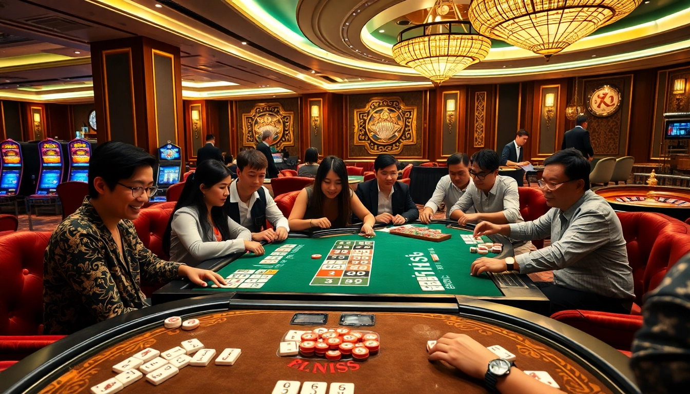Players strategizing in a link mahjong game at a luxurious casino, showcasing excitement and vibrant gaming atmosphere.