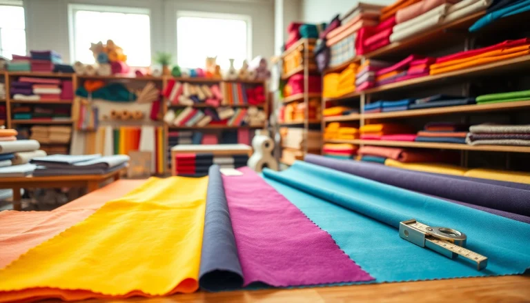 Kwaliteits stof samples displayed prominently in a vibrant textile shop setting.