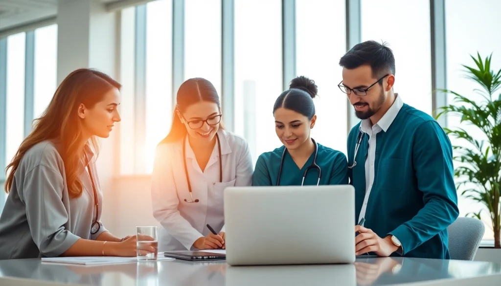 Offering online nursing thesis assistance with a diverse team collaborating in a bright office.