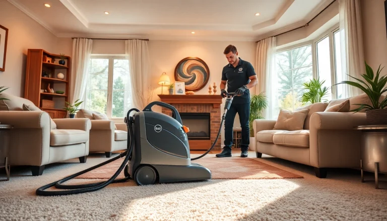 Professionals using carpet cleaners roseville ca in a bright living room to enhance clean carpets.