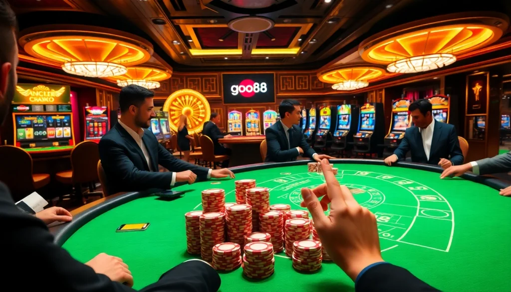 Players engaging at a high-stakes poker table while showcasing goo88 gaming excitement in a vibrant casino atmosphere.