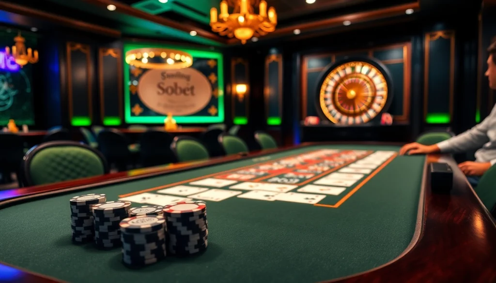 Exciting Sbobet gaming experience at a luxurious casino table, featuring poker chips and roulette wheel.