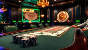 Exciting Sbobet gaming experience at a luxurious casino table, featuring poker chips and roulette wheel.