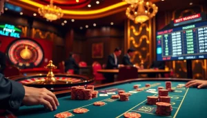 F8BET poker players in action at a luxurious casino table with vibrant atmosphere.