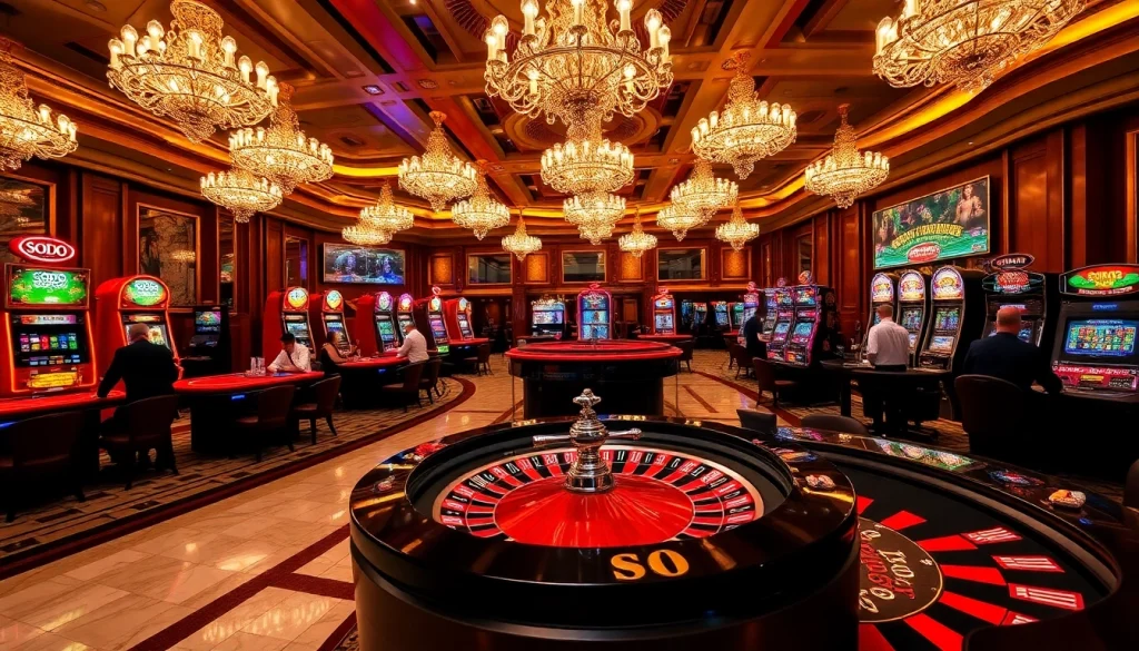 SODO Casino vibrant gaming floor with players at tables and slot machines in action.