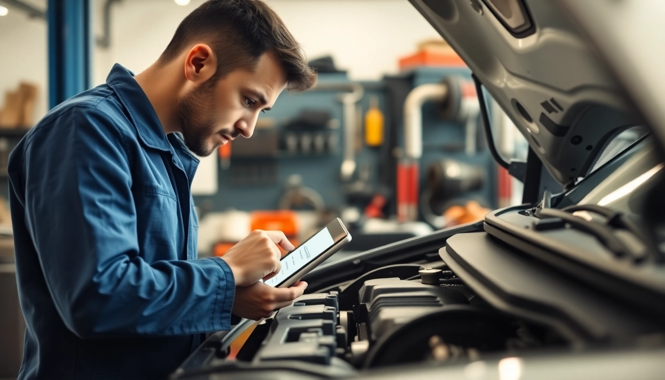 Mechanic reviewing a car warranty with fast claims in a bright, organized garage.