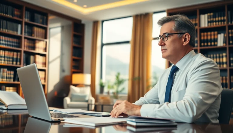 Intellectual property lawyer consulting in a modern office, showcasing professionalism and expertise.