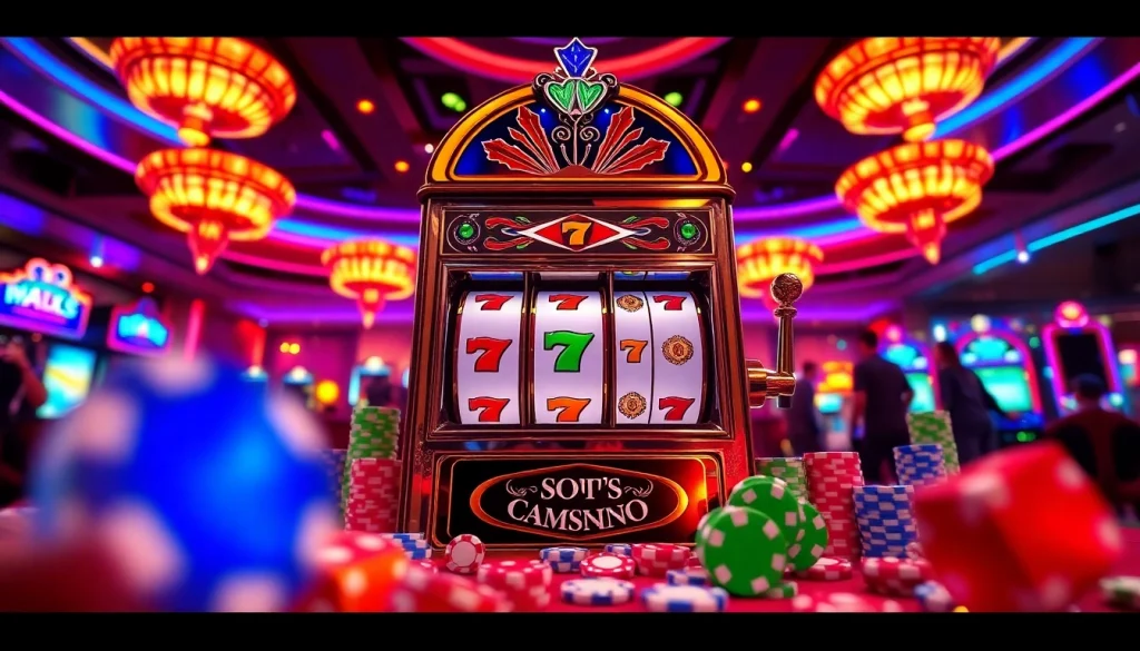 Mainkan slot depo pulsa yang seru di kasino hidup dengan chip berwarna-warni dan mesin slot yang elegan.