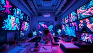 AI NSFW artwork in a vibrant, modern digital studio filled with creativity.