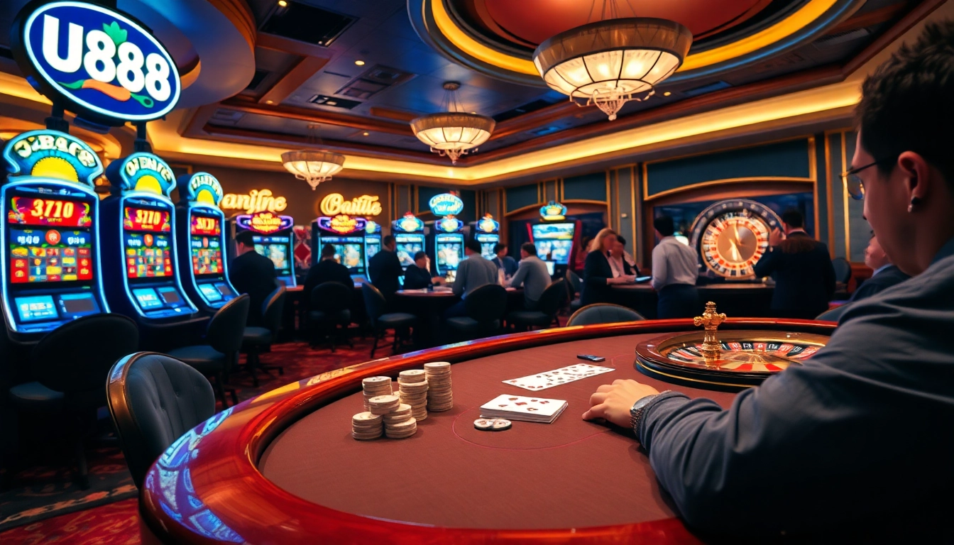 U888 gaming enthusiasts engaged in an exciting poker game in a vibrant casino atmosphere.