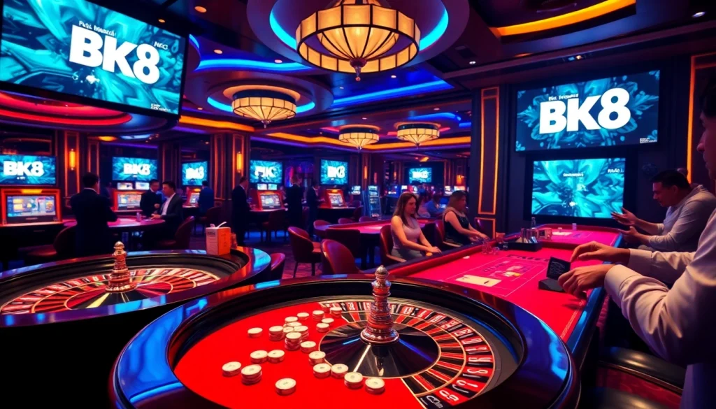Excited players engaging in BK8 casino games amidst a luxurious setting of poker chips and roulette.