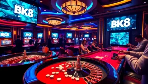 Excited players engaging in BK8 casino games amidst a luxurious setting of poker chips and roulette.