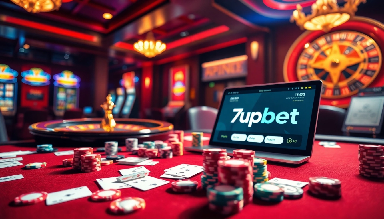 Exciting poker scene at 7upbet with players, chips, and roulette wheel in a luxury casino.