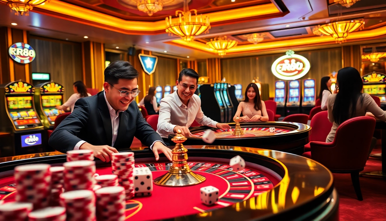 Players enjoying thrilling games at RR88's vibrant online casino, showcasing excitement and luxury.