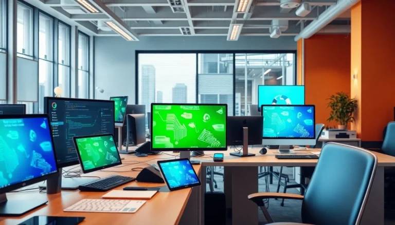 zirvegrupbilgisayar modern ofis alanında teknoloji ekipmanları ile dolu.