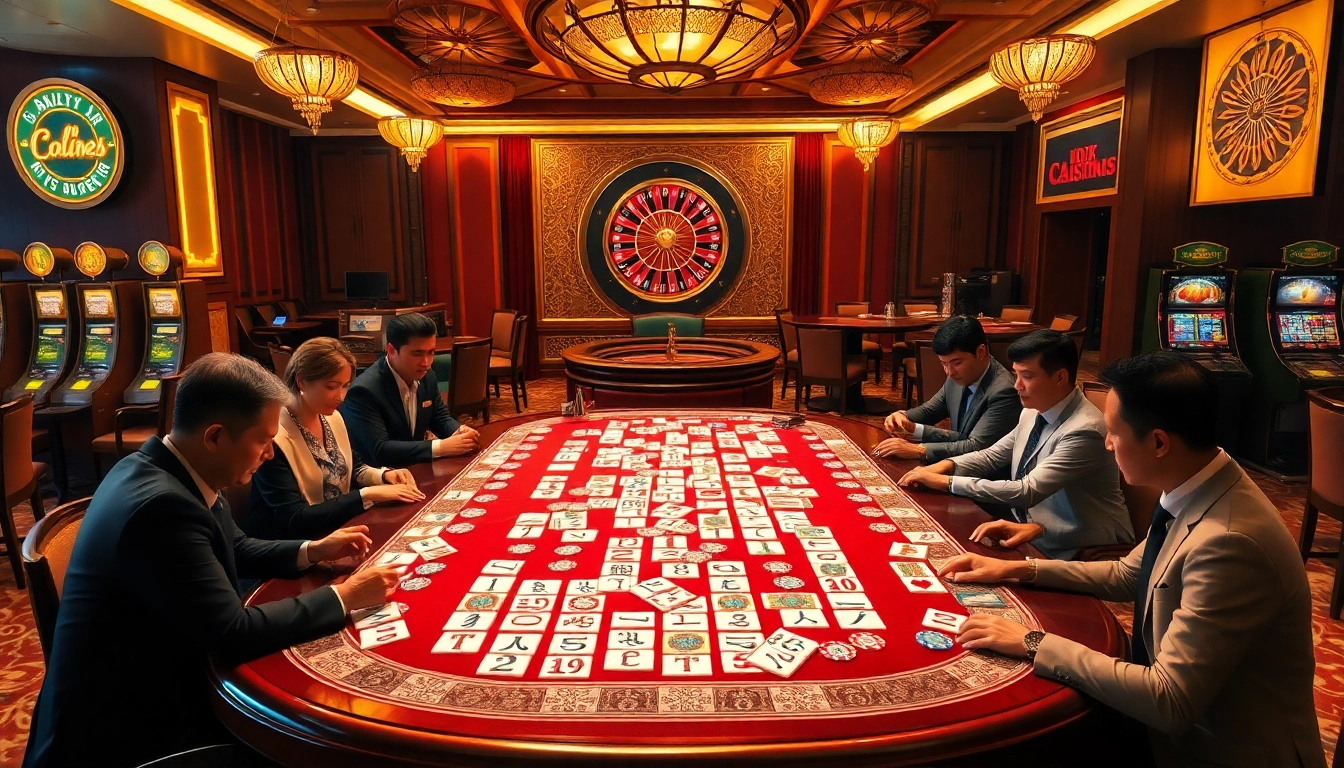 Players engaging in link mahjong at a luxury casino table with poker chips and tiles.
