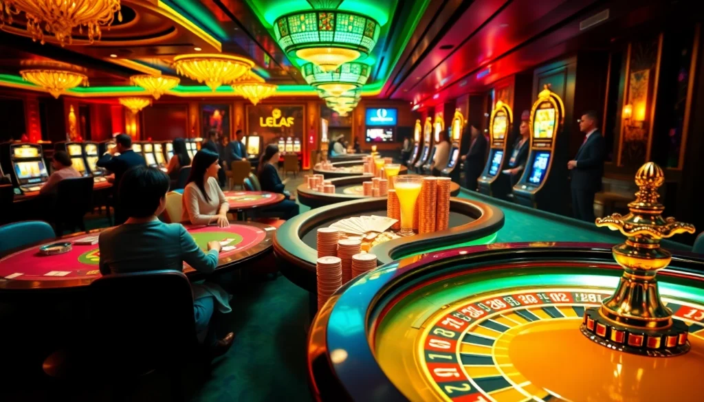 Players engaging in high-stakes gaming at KJC's luxurious casino environment with vibrant tables and roulette.