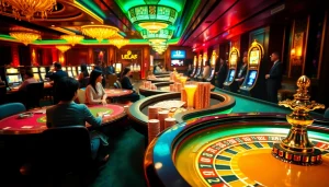 Players engaging in high-stakes gaming at KJC's luxurious casino environment with vibrant tables and roulette.