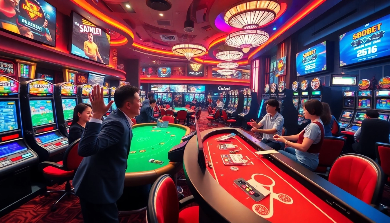 Exciting scene of online gambling at sbobet.dance, showcasing players at poker tables and vibrant slot machines.