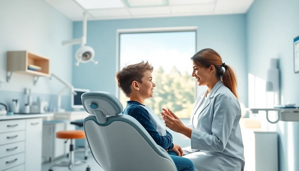 Friendly dental professional addressing 歯並び 悪い with a young patient in a modern clinic.