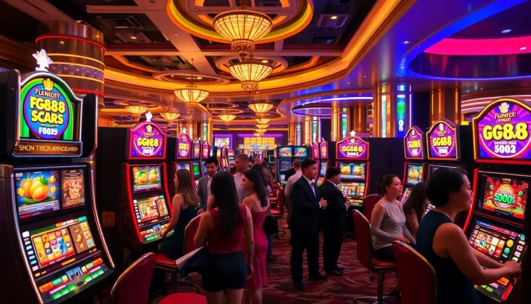 Players enjoying the thrill of gg88 slot machines in a vibrant casino atmosphere, surrounded by excitement.