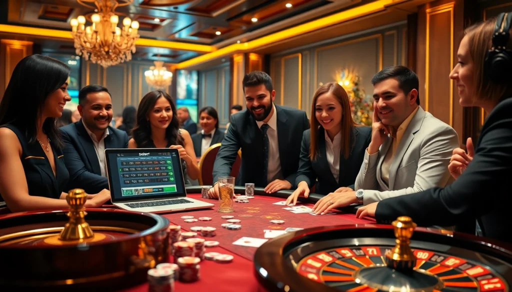 Sbobet online betting scene with casino table, chips, and excited players enjoying games.