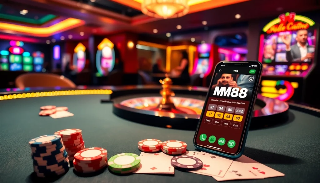 Experience the thrill of MM88 with vibrant casino elements, including roulette, poker chips, and online gaming.