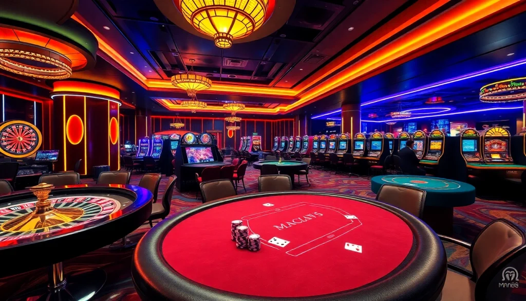 Man88 showcases a lively casino scene with vibrant poker tables and roulette wheels filled with excitement.