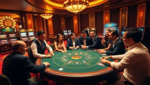 Experience the thrill of SHBET at an elegant casino table with excited players and vibrant gaming elements.