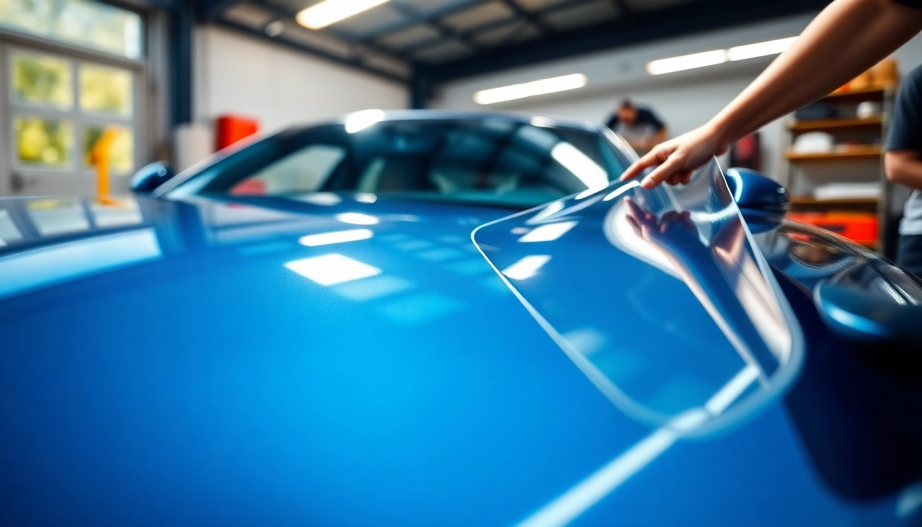 Applying paint protection film near me on a luxury vehicle showcasing gleaming surfaces.
