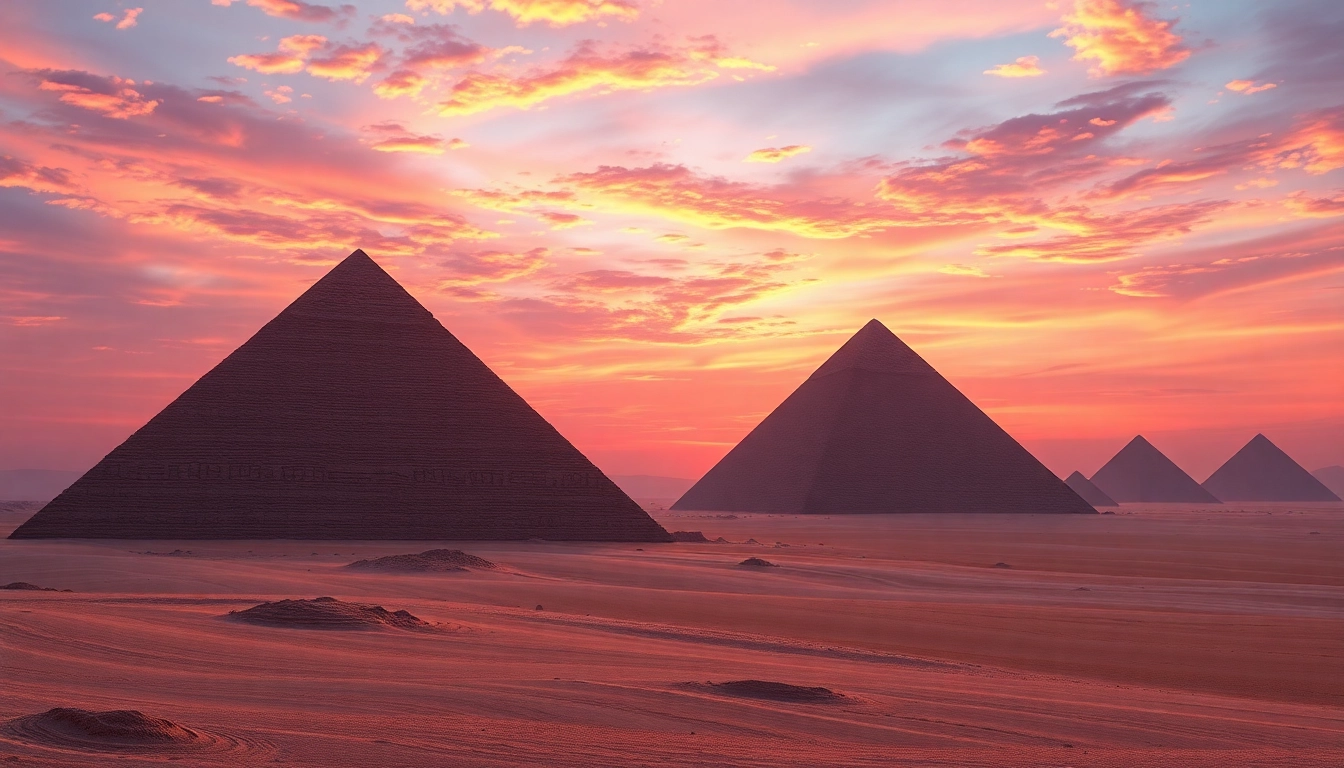 Pyraminds stand majestically under a stunning sunset in a desert landscape.
